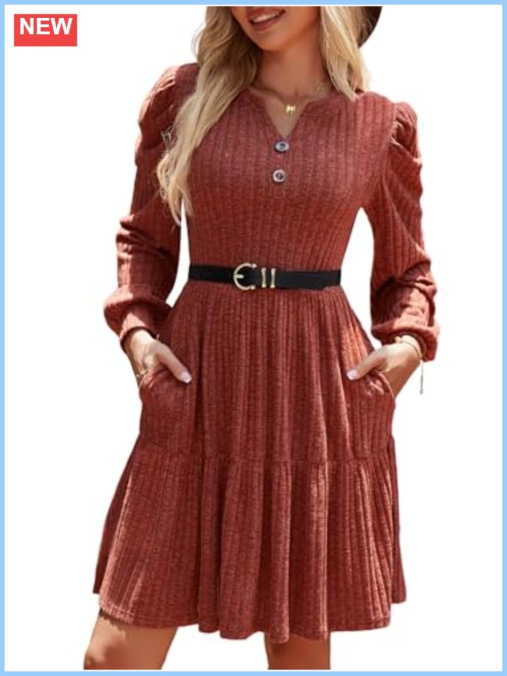 Women's Puff Long Sleeve A-Line Sweater Dress Button V-Neck Casual Fall